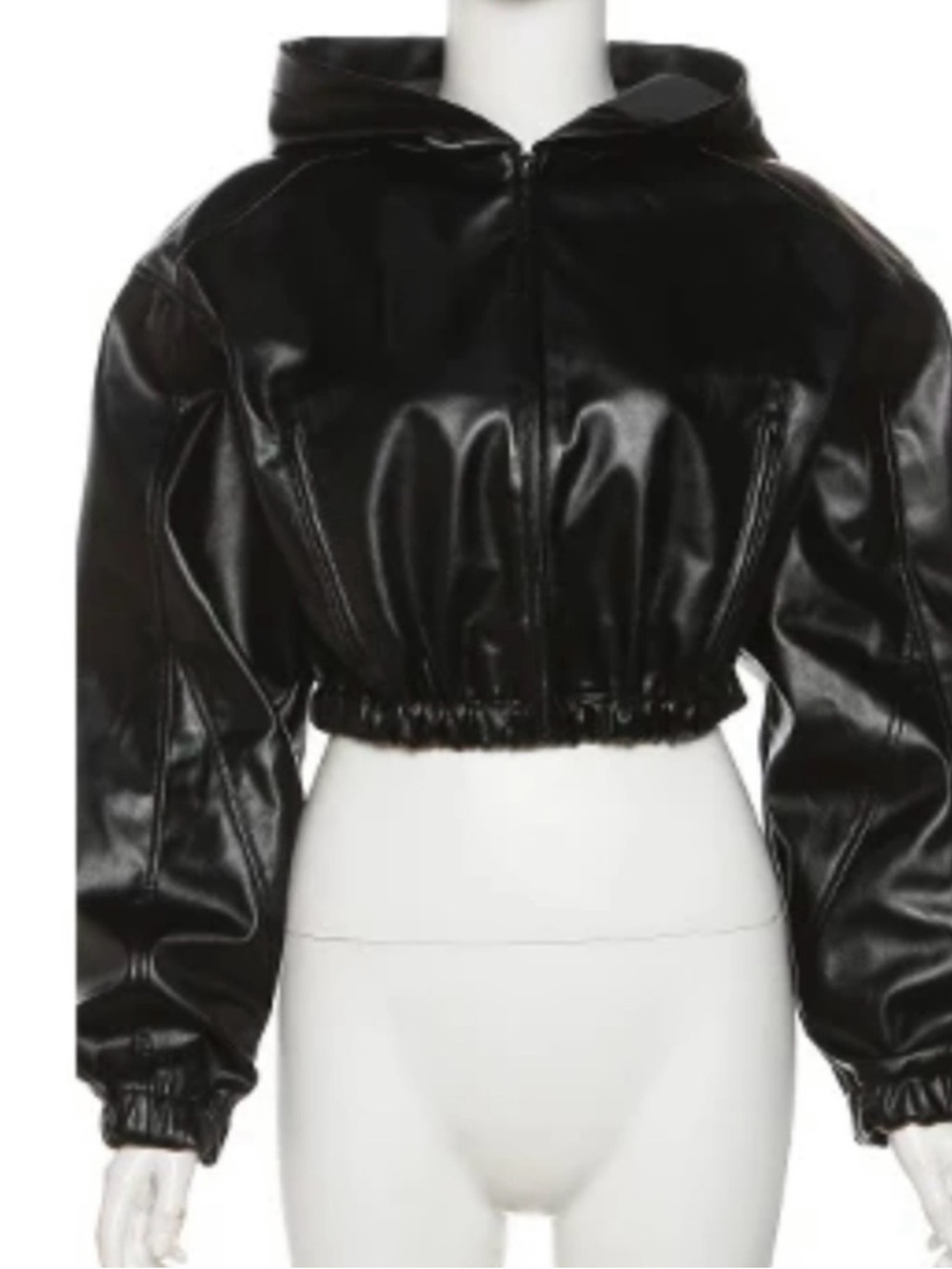 Cropped Black Faux Leather Hooded Jacket